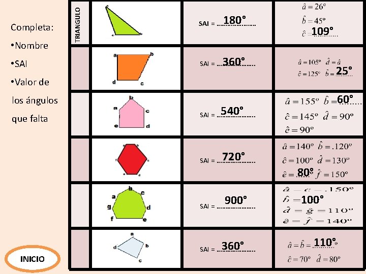 • Nombre • SAI TRIANGULO Completa: 180° SAI = …………………. 109° 360° SAI • Nombre • SAI TRIANGULO Completa: 180° SAI = …………………. 109° 360° SAI