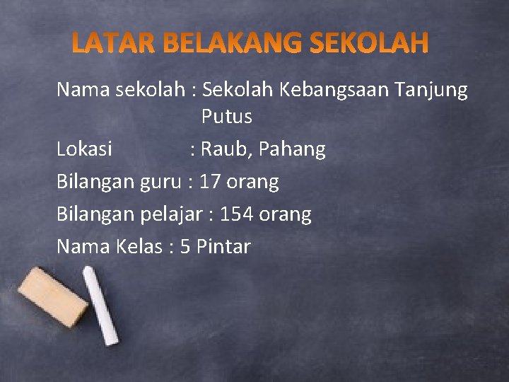 Nama sekolah : Sekolah Kebangsaan Tanjung Putus Lokasi : Raub, Pahang Bilangan guru :