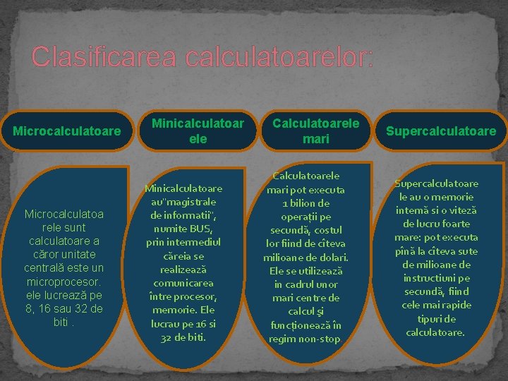 Clasificarea calculatoarelor: Microcalculatoare Microcalculatoa rele sunt calculatoare a căror unitate centrală este un microprocesor.