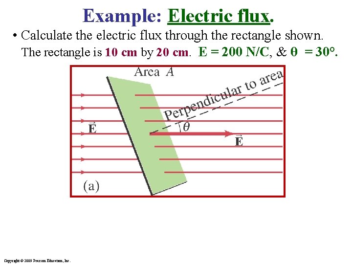 Example: Electric flux. • Calculate the electric flux through the rectangle shown. The rectangle