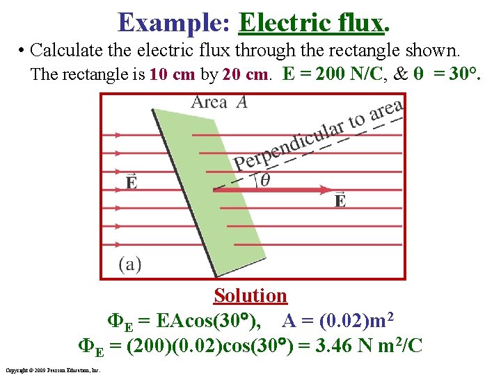 Example: Electric flux. • Calculate the electric flux through the rectangle shown. The rectangle