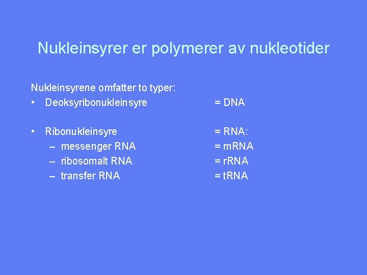 Nukleinsyrer er polymerer av nukleotider Nukleinsyrene omfatter to typer: • Deoksyribonukleinsyre = DNA •