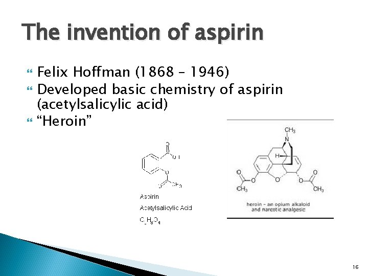 The invention of aspirin Felix Hoffman (1868 – 1946) Developed basic chemistry of aspirin