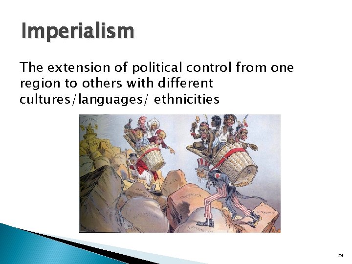 Imperialism The extension of political control from one region to others with different cultures/languages/