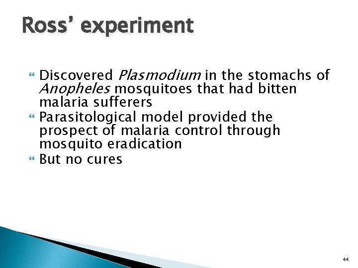 Ross’ experiment Discovered Plasmodium in the stomachs of Anopheles mosquitoes that had bitten malaria