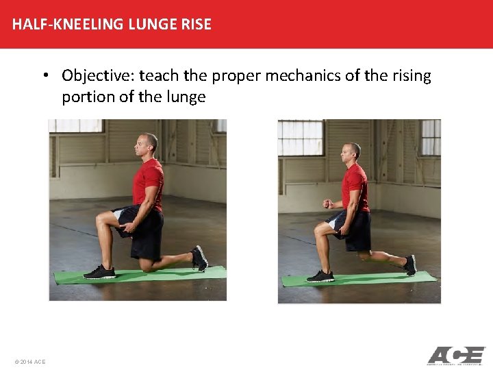 HALF-KNEELING LUNGE RISE • Objective: teach the proper mechanics of the rising portion of