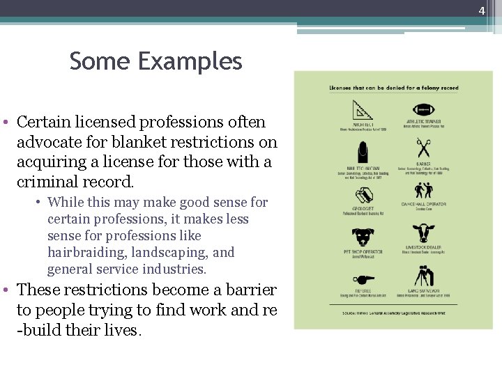 4 Some Examples • Certain licensed professions often advocate for blanket restrictions on acquiring