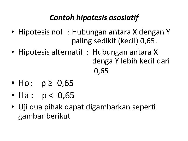 Contoh hipotesis asosiatif • Hipotesis nol : Hubungan antara X dengan Y paling sedikit