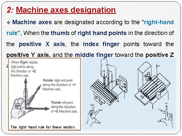 2: Machine axes designation v Machine axes are designated according to the "right-hand rule",