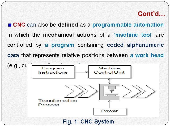 Cont’d… CNC can also be defined as a programmable automation in which the mechanical