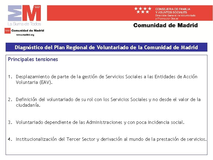 Diagnóstico del Plan Regional de Voluntariado de la Comunidad de Madrid Principales tensiones 1.