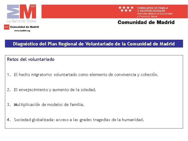 Diagnóstico del Plan Regional de Voluntariado de la Comunidad de Madrid Retos del voluntariado