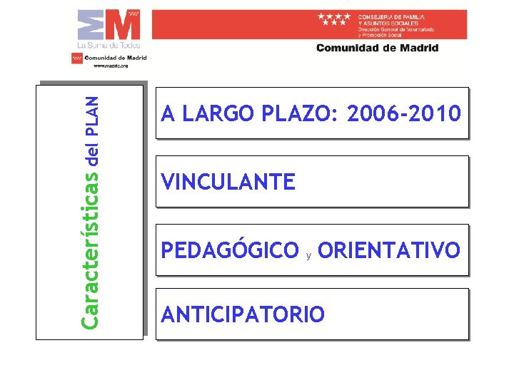 Características del PLAN A LARGO PLAZO: 2006 -2010 VINCULANTE PEDAGÓGICO y ORIENTATIVO ANTICIPATORIO 