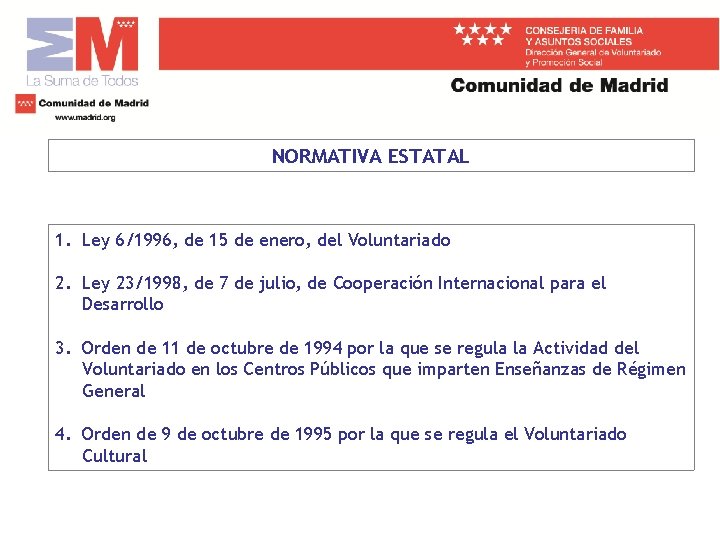 NORMATIVA ESTATAL 1. Ley 6/1996, de 15 de enero, del Voluntariado 2. Ley 23/1998, NORMATIVA ESTATAL 1. Ley 6/1996, de 15 de enero, del Voluntariado 2. Ley 23/1998,