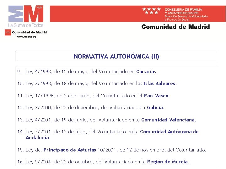 NORMATIVA AUTONÓMICA (II) 9. Ley 4/1998, de 15 de mayo, del Voluntariado en Canarias.