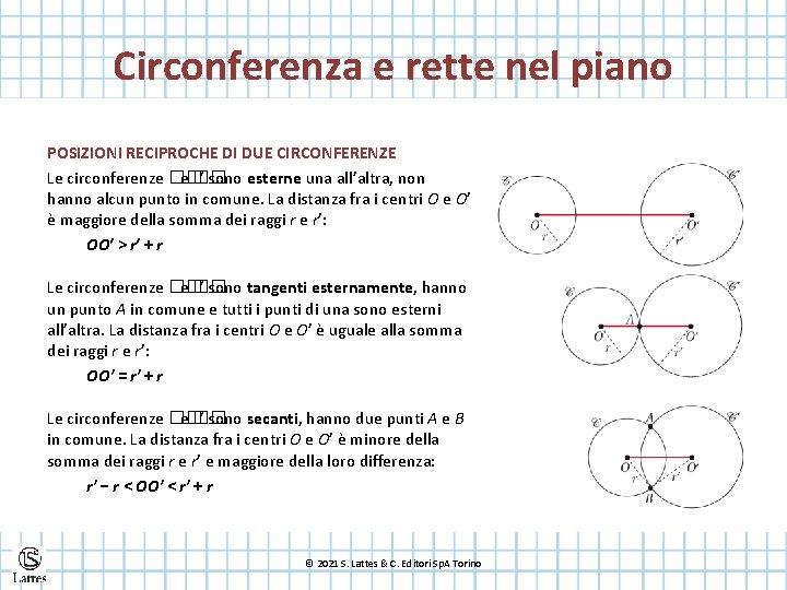 Circonferenza e rette nel piano POSIZIONI RECIPROCHE DI DUE CIRCONFERENZE Le circonferenze �� ′