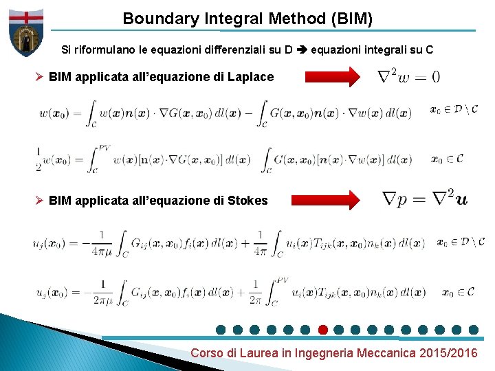 Boundary Integral Method (BIM) Si riformulano le equazioni differenziali su D equazioni integrali su