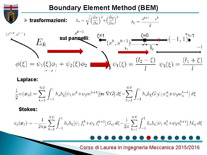 Boundary Element Method (BEM) Ø trasformazioni: Ø variabili lineari sui pannelli: Laplace: Stokes: Corso