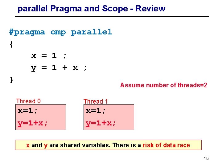 parallel Pragma and Scope - Review #pragma omp parallel { x = 1 ;