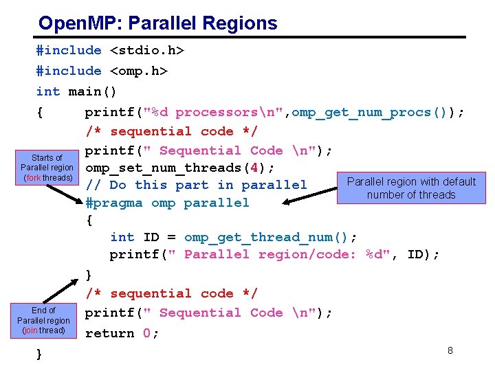 Open. MP: Parallel Regions #include <stdio. h> #include <omp. h> int main() { printf("%d