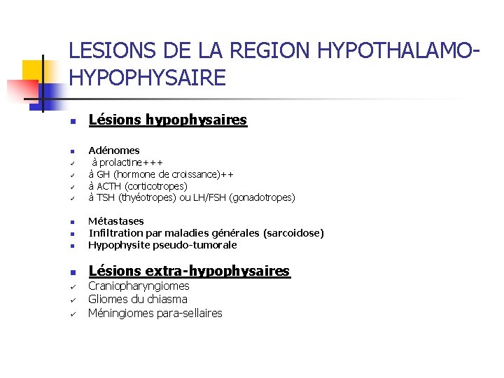 LESIONS DE LA REGION HYPOTHALAMOHYPOPHYSAIRE n n ü ü Lésions hypophysaires Adénomes à prolactine+++ LESIONS DE LA REGION HYPOTHALAMOHYPOPHYSAIRE n n ü ü Lésions hypophysaires Adénomes à prolactine+++