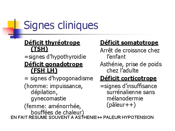 Signes cliniques Déficit thyréotrope (TSH) =signes d’hypothyroidie Déficit gonadotrope (FSH LH) = signes d’hypogonadisme Signes cliniques Déficit thyréotrope (TSH) =signes d’hypothyroidie Déficit gonadotrope (FSH LH) = signes d’hypogonadisme