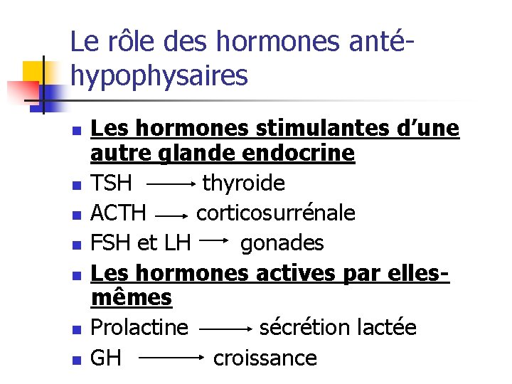 Le rôle des hormones antéhypophysaires n n n n Les hormones stimulantes d’une autre Le rôle des hormones antéhypophysaires n n n n Les hormones stimulantes d’une autre