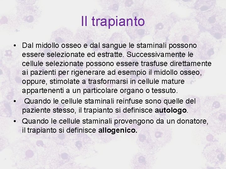 Il trapianto • Dal midollo osseo e dal sangue le staminali possono essere selezionate