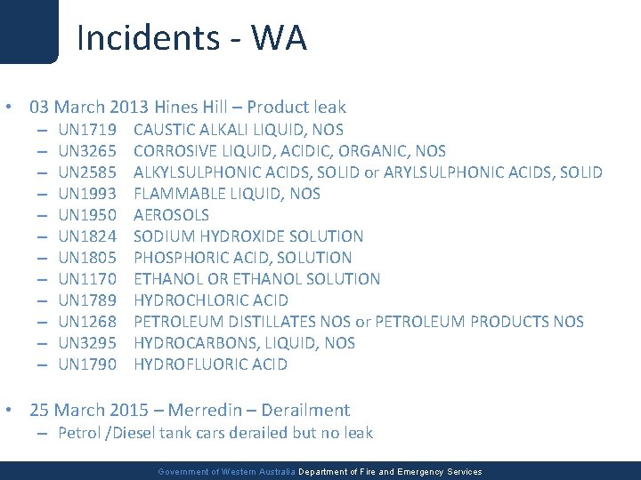 Incidents - WA • 03 March 2013 Hines Hill – Product leak – –