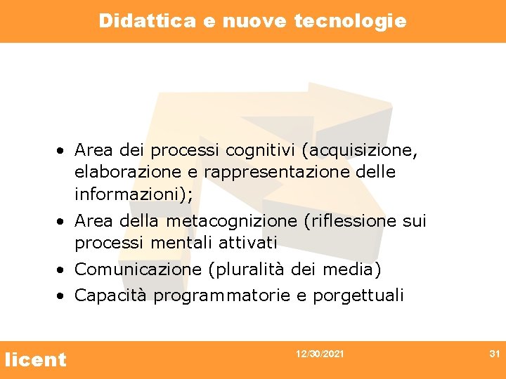 Didattica e nuove tecnologie • Area dei processi cognitivi (acquisizione, elaborazione e rappresentazione delle