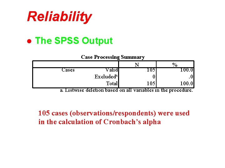 Reliability l The SPSS Output Case Processing Summary N % Cases Valid 105 100.