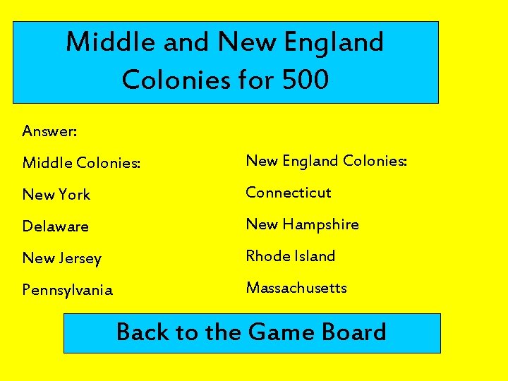 Middle and New England Colonies for 500 Answer: Middle Colonies: New England Colonies: New