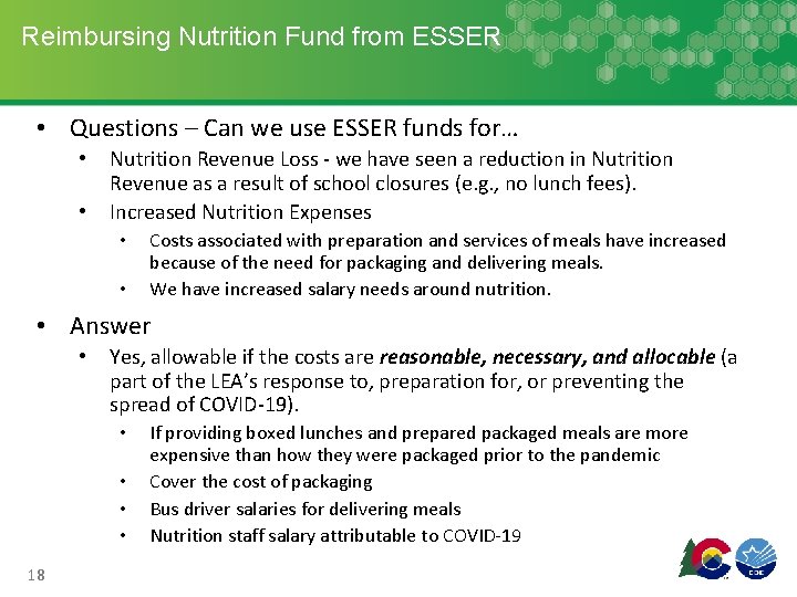 Reimbursing Nutrition Fund from ESSER • Questions – Can we use ESSER funds for…