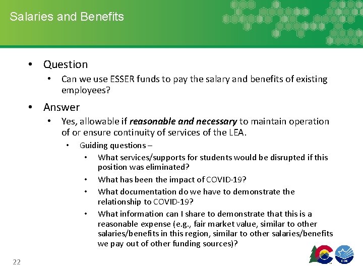 Salaries and Benefits • Question • Can we use ESSER funds to pay the