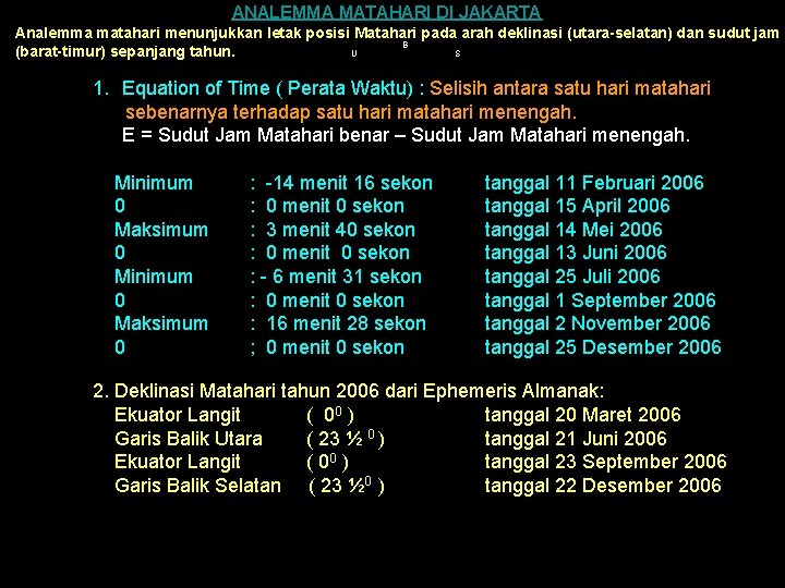 ANALEMMA MATAHARI DI JAKARTA Analemma matahari menunjukkan letak posisi Matahari pada arah deklinasi (utara-selatan) ANALEMMA MATAHARI DI JAKARTA Analemma matahari menunjukkan letak posisi Matahari pada arah deklinasi (utara-selatan)