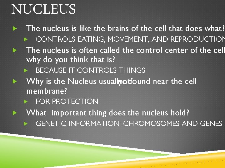NUCLEUS The nucleus is like the brains of the cell that does what? The