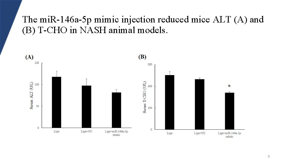 The mi. R-146 a-5 p mimic injection reduced mice ALT (A) and (B) T-CHO