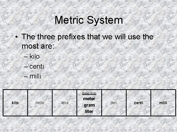 Metric System • The three prefixes that we will use the most are: –