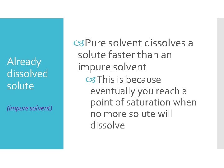 Already dissolved solute (impure solvent) Pure solvent dissolves a solute faster than an impure Already dissolved solute (impure solvent) Pure solvent dissolves a solute faster than an impure