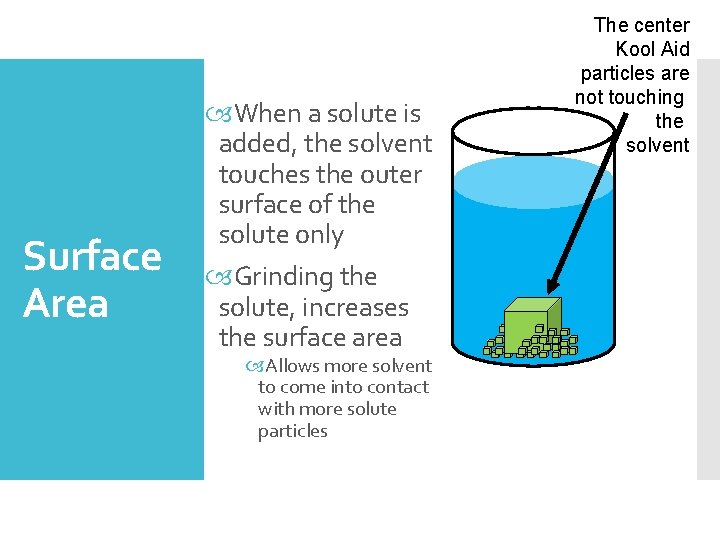 Surface Area When a solute is added, the solvent touches the outer surface of Surface Area When a solute is added, the solvent touches the outer surface of