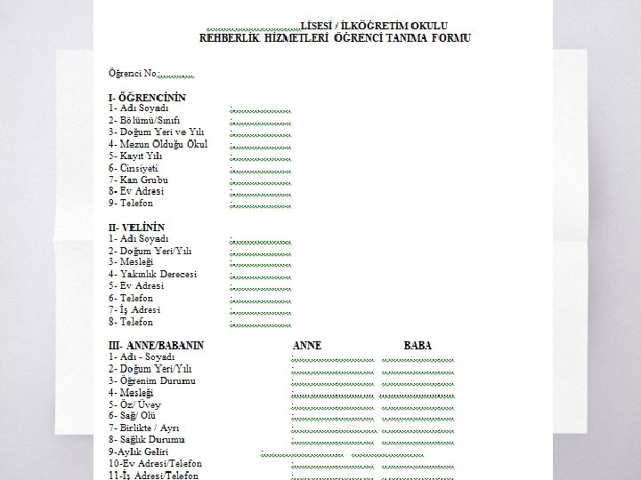 Öğrenci Tanıma Fişi (Formu) ▧? 