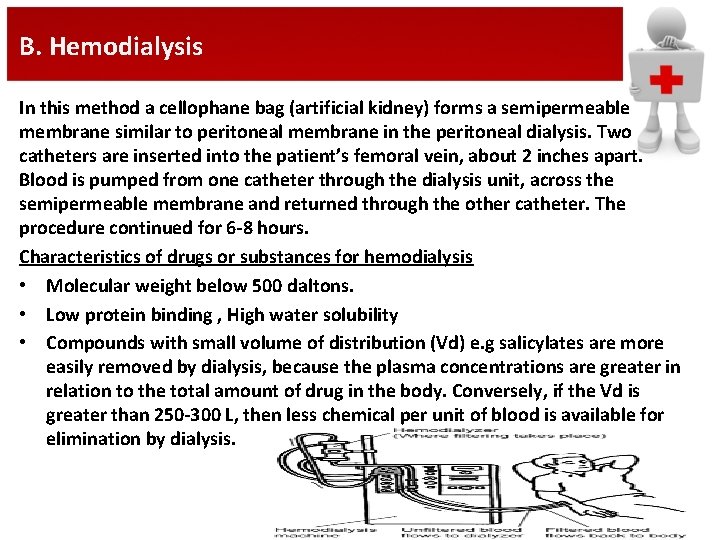 B. Hemodialysis In this method a cellophane bag (artificial kidney) forms a semipermeable membrane