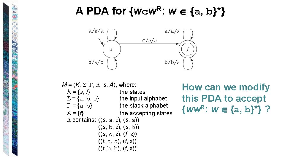 A PDA for {wcw. R: w {a, b}*} M = (K, , s, A),