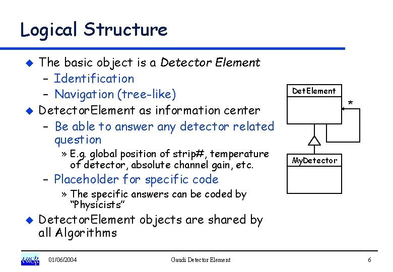 Logical Structure u u The basic object is a Detector Element – Identification –