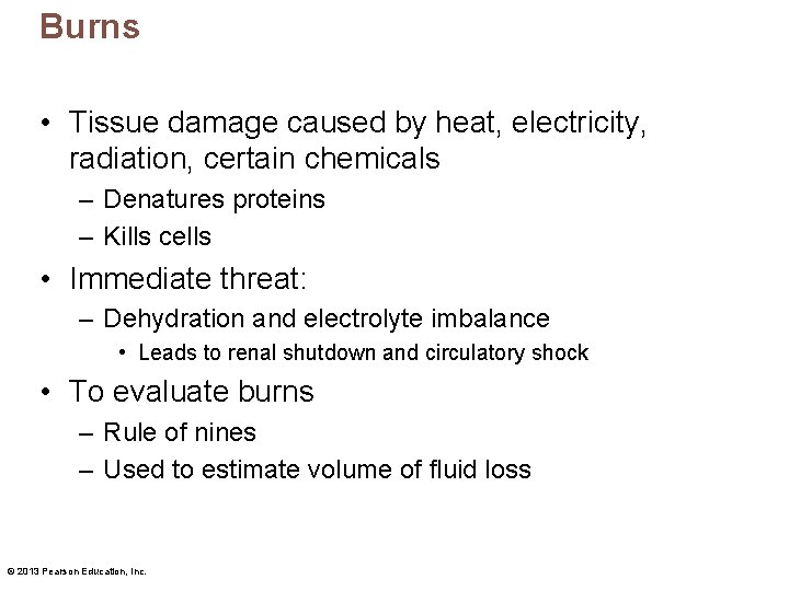 Burns • Tissue damage caused by heat, electricity, radiation, certain chemicals – Denatures proteins