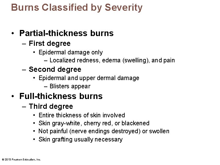 Burns Classified by Severity • Partial-thickness burns – First degree • Epidermal damage only