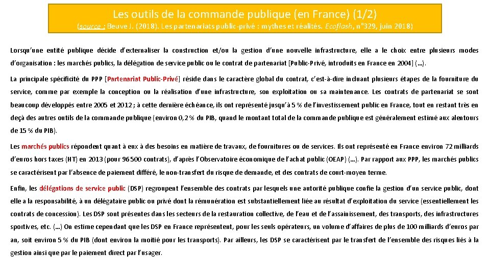 Les outils de la commande publique (en France) (1/2) (source : Beuve J. (2018).