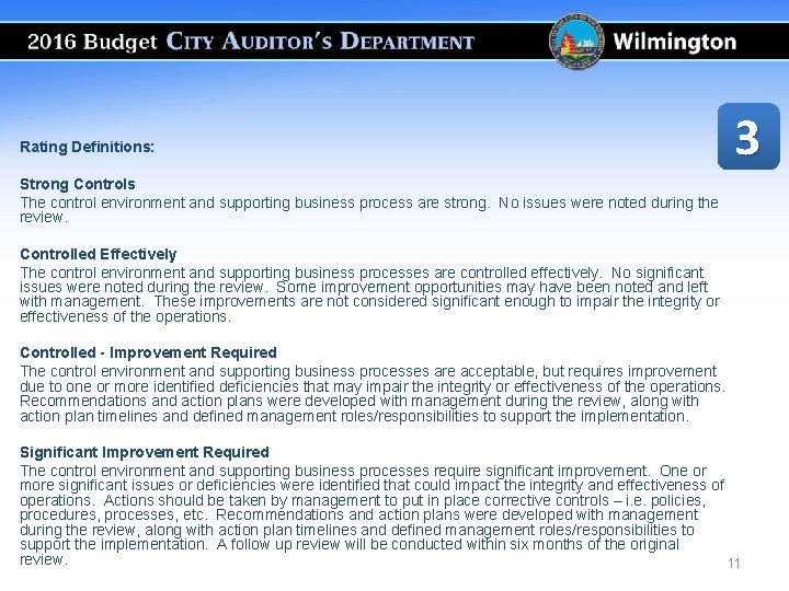 Rating Definitions: 3 Strong Controls The control environment and supporting business process are strong.