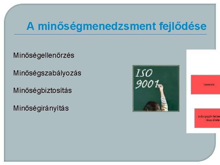 A minőségmenedzsment fejlődése Minőségellenőrzés Minőségszabályozás Minőségbiztosítás Minőségirányítás 