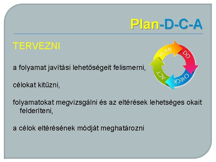 Plan-D-C-A TERVEZNI a folyamat javítási lehetőségeit felismerni, célokat kitűzni, folyamatokat megvizsgálni és az eltérések